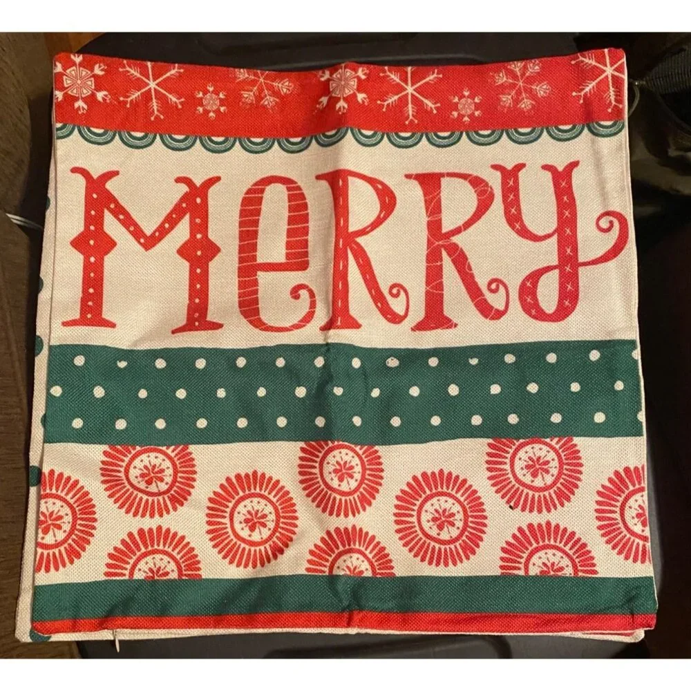 Set of 4 Christmas Pillow Throw Covers Zipper Whimsical Bright Merry Santa Snow